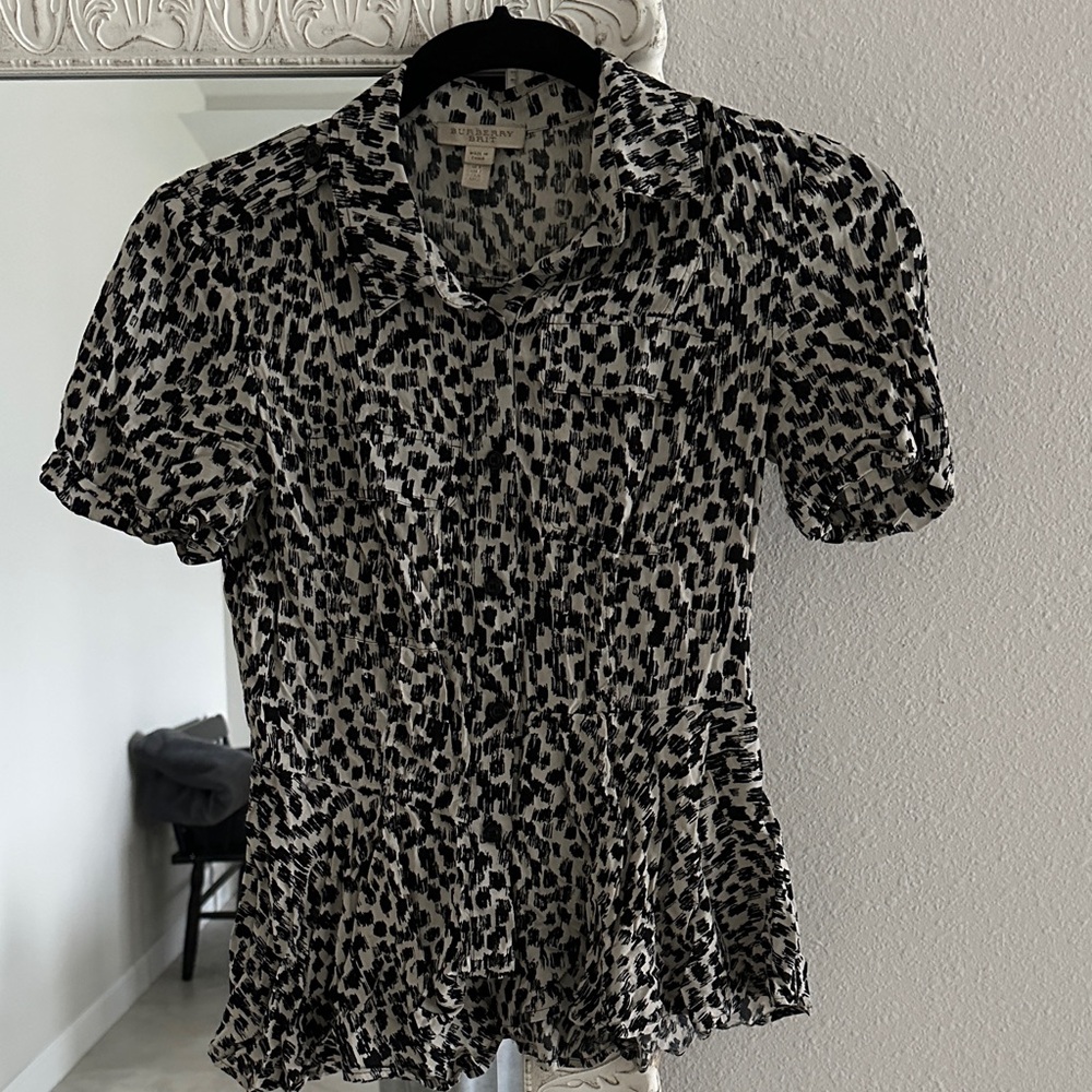 Burberry Black and White Animal Abstract Peplum Blouse